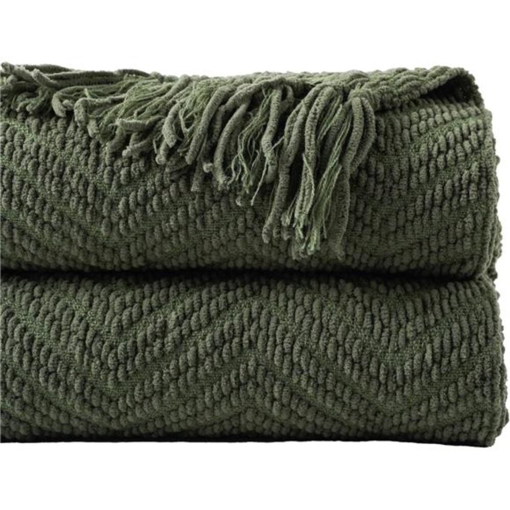 Olive Green Chenille Throw Blanket Knit Tassel Soft Warm Couch Sofa Bed Decor